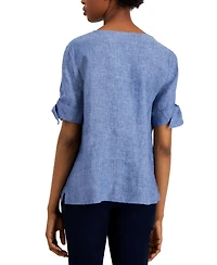 Charter Club Women's 100% Linen Split-Neck Tie-Cuff Top, Created for Macy's