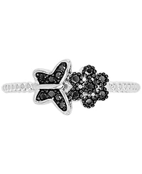 Black Spinel Butterfly & Flower Ring (1/5 ct. t.w.) Sterling Silver Rhodium-Plate