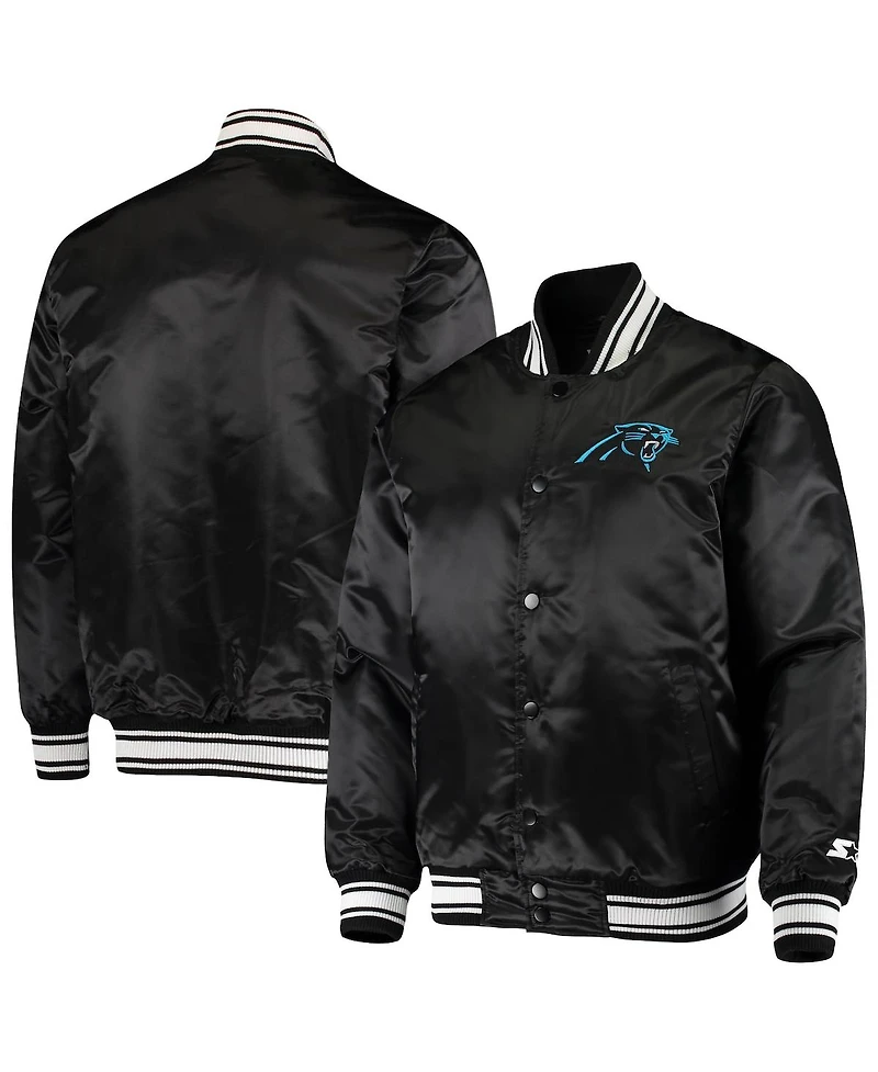 Men's Starter Black Carolina Panthers Locker Room Satin Varsity Full-Snap Jacket