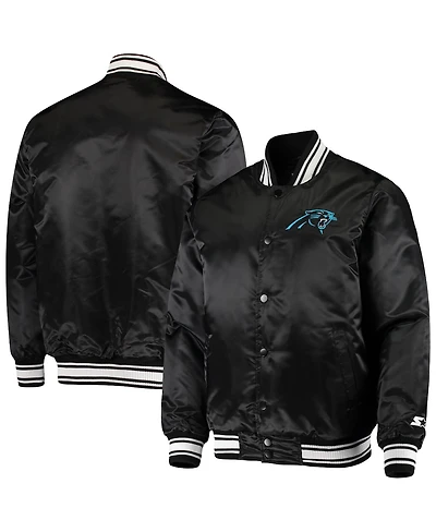 Men's Starter Black Carolina Panthers Locker Room Satin Varsity Full-Snap Jacket