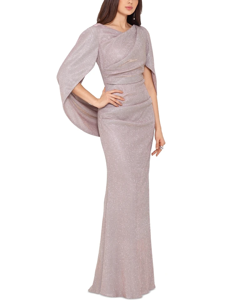 Betsy & Adam Petite Cape-Back Metallic Gown