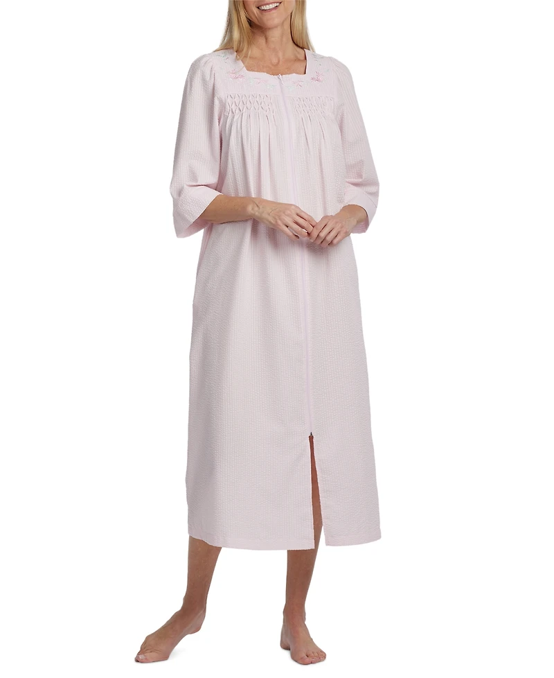 Miss Elaine Long Zipper Embroidered Seersucker Robe