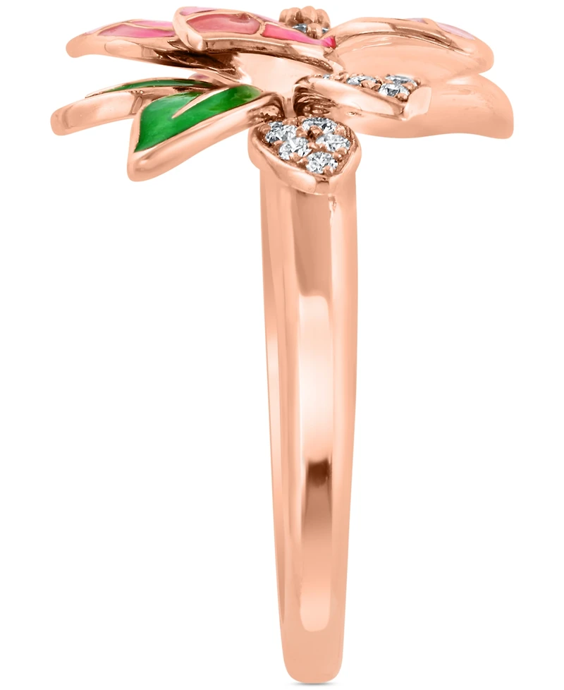 Effy Pink & Green Enamel & Diamond Flower Ring (1/5 ct. t.w.) in 14k Rose Gold