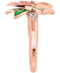Effy Pink & Green Enamel & Diamond Flower Ring (1/5 ct. t.w.) in 14k Rose Gold