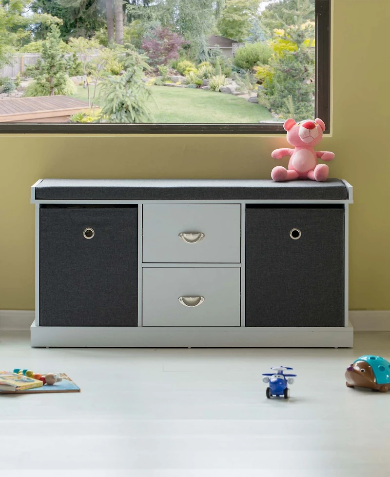 Basicwise White Shoe Storage Bench with Wooden Frame, 2 Drawers, Foldable Baskets, and Comfortable Gray Cushion for Entryway, Hallway, or Bedroom Orga