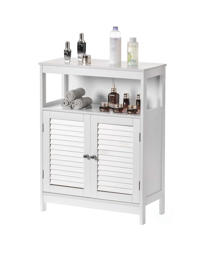 Basicwise Wooden White Modern Storage Bathroom Vanity Cabinet with Adjustable Shelves and Two Horizontal Planks Design Doors