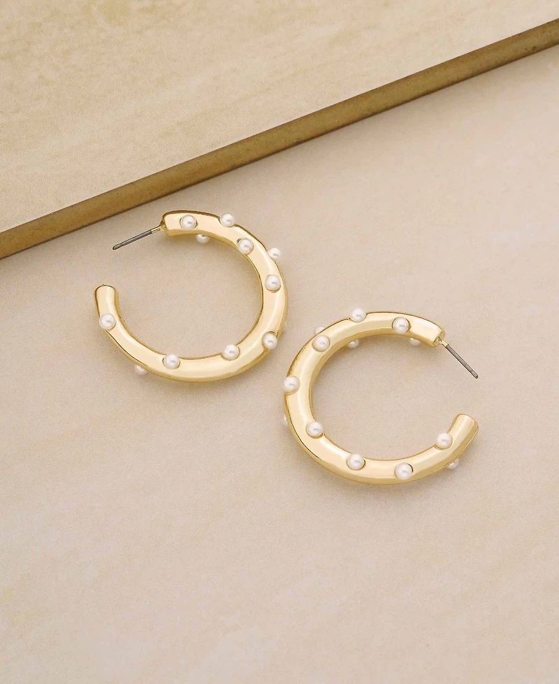 Ettika 18K Gold Plated and Imitation Pearl Studded Hoops