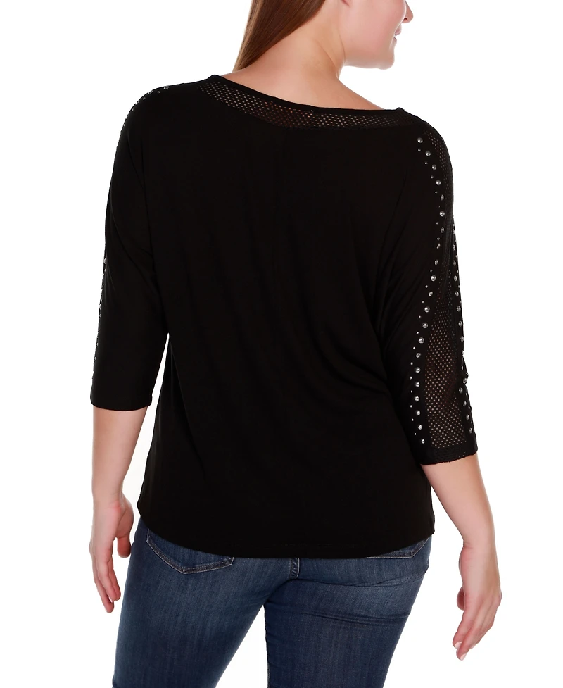 Belldini Plus Embellished Dolman with Mesh Inset Top