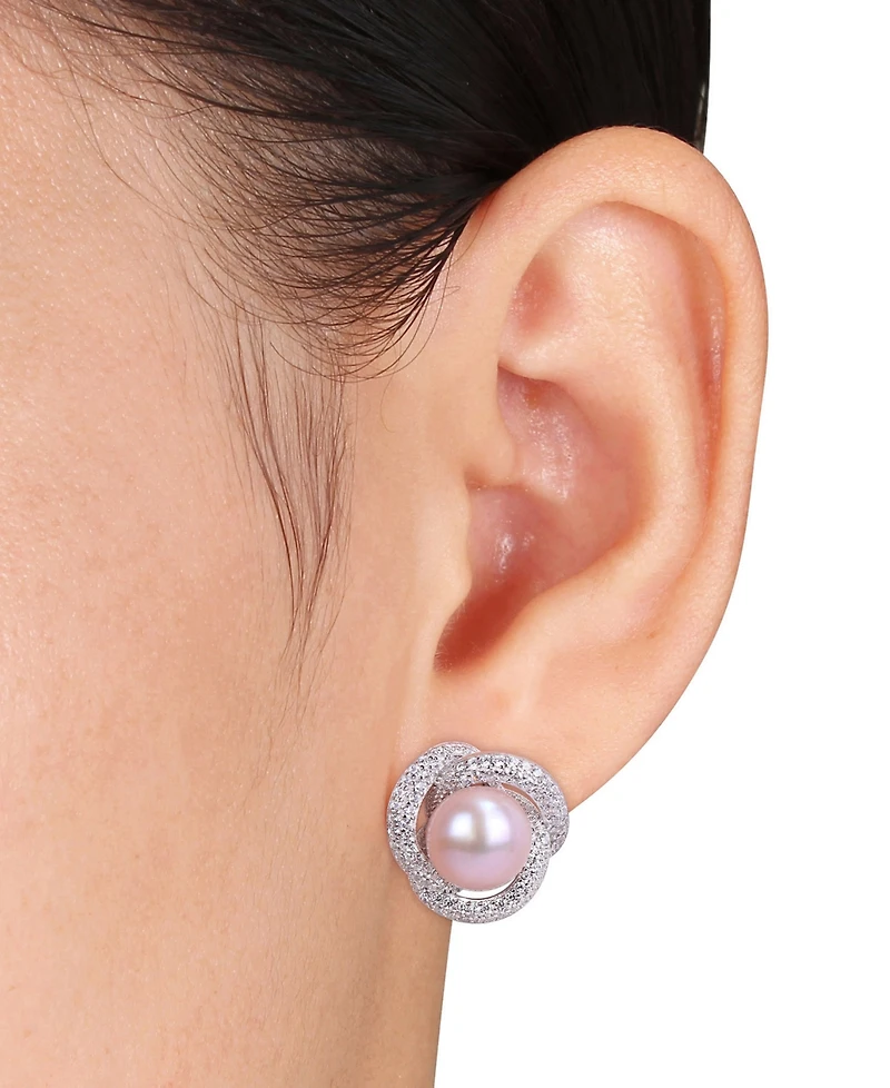 Pink Cultured Freshwater Pearl (10-1/2mm) & Cubic Zirconia Love Knot Stud Earrings in Sterling Silver