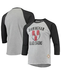 Men's Stitches Heather Gray, Black Birmingham Black Barons Negro League Wordmark Raglan 3/4 Sleeve T-shirt