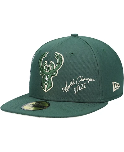 Men's New Era Hunter Green Milwaukee Bucks 2021 Nba Finals Champions Icon 59Fifty Fitted Hat