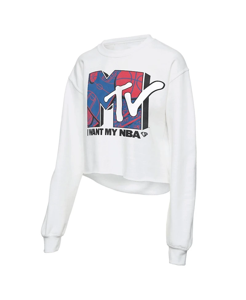 Women's White Nba x Mtv I Want My Cropped Fleece Pullover Sweatshirt