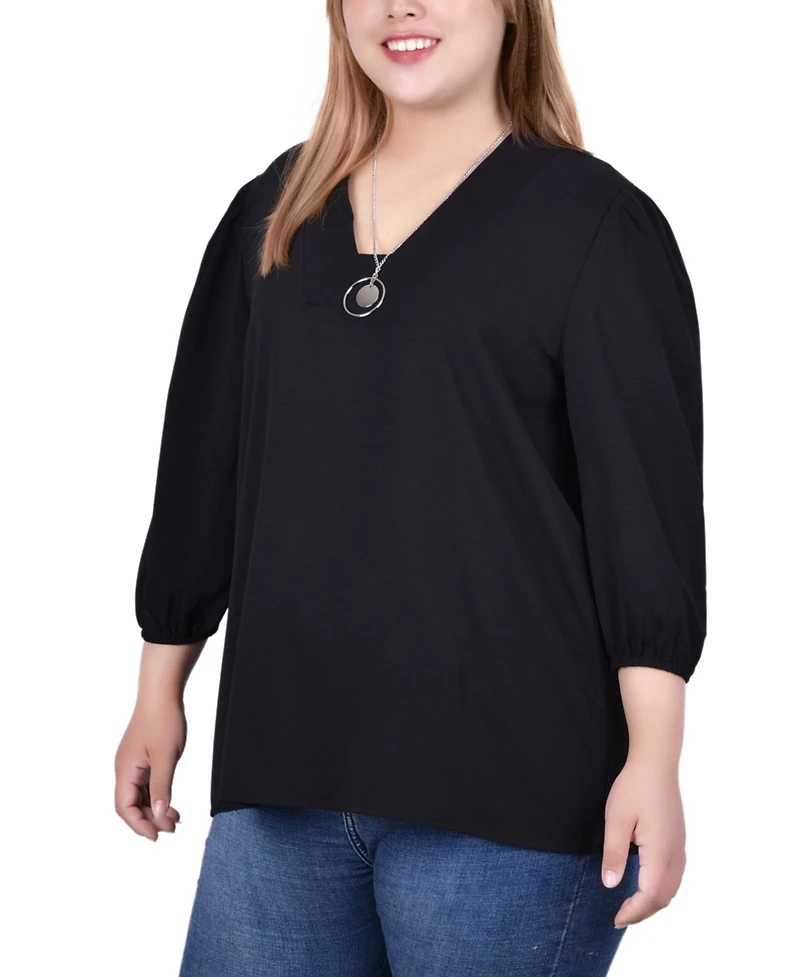 Plus 3/4 Puff Sleeve Top with Detachable Necklace