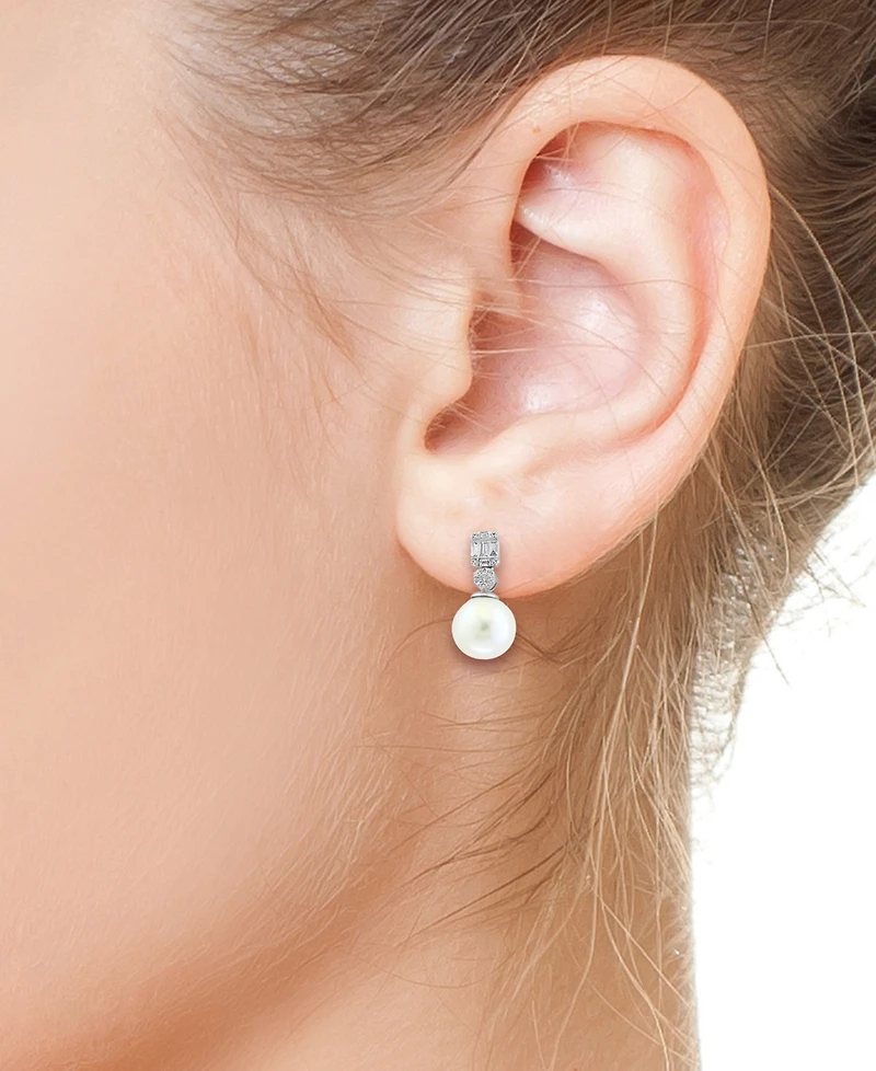 Effy Cultured Freshwater Pearl (9mm) & Diamond (1/5 ct. t.w.) Drop Earrings in 14k White Gold