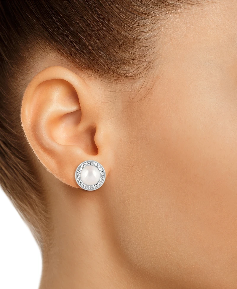 Cultured Freshwater Pearl & Diamond (1/5 ct. t.w.) Halo Stud Earrings in Sterling Silver (Also in Onyx, Turquoise, & Labradorite)