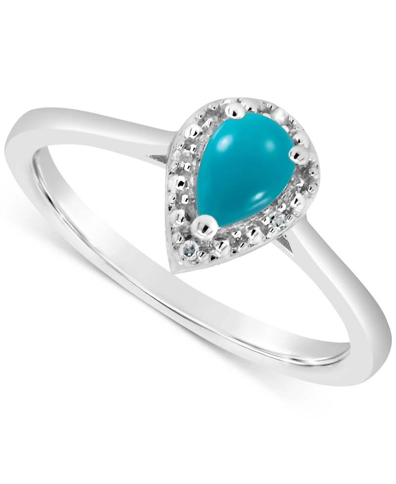 Labradorite & Diamond Accent Pear Ring Sterling Silver (Also Onyx Turquoise)