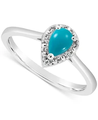 Labradorite & Diamond Accent Pear Ring Sterling Silver (Also Onyx Turquoise)