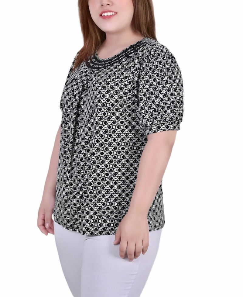 Plus Short Puff Sleeve Sheer Inset Top