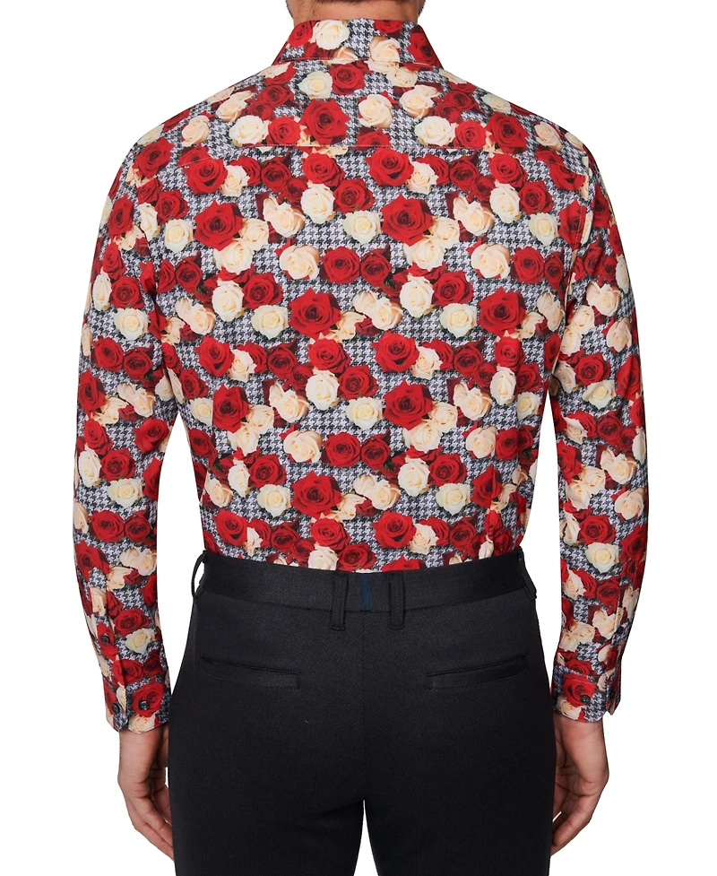 Men's Slim Fit Non-Iron Floral-Print Performance Stretch Dress Shirt