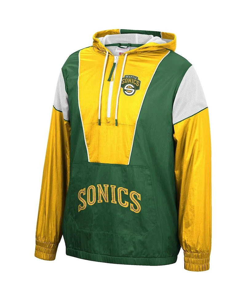 Men's Mitchell & Ness Green, Gold Seattle Supersonics Hardwood Classics Highlight Reel Windbreaker Hoodie Half-Zip Jacket