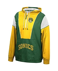 Men's Mitchell & Ness Green, Gold Seattle Supersonics Hardwood Classics Highlight Reel Windbreaker Hoodie Half-Zip Jacket