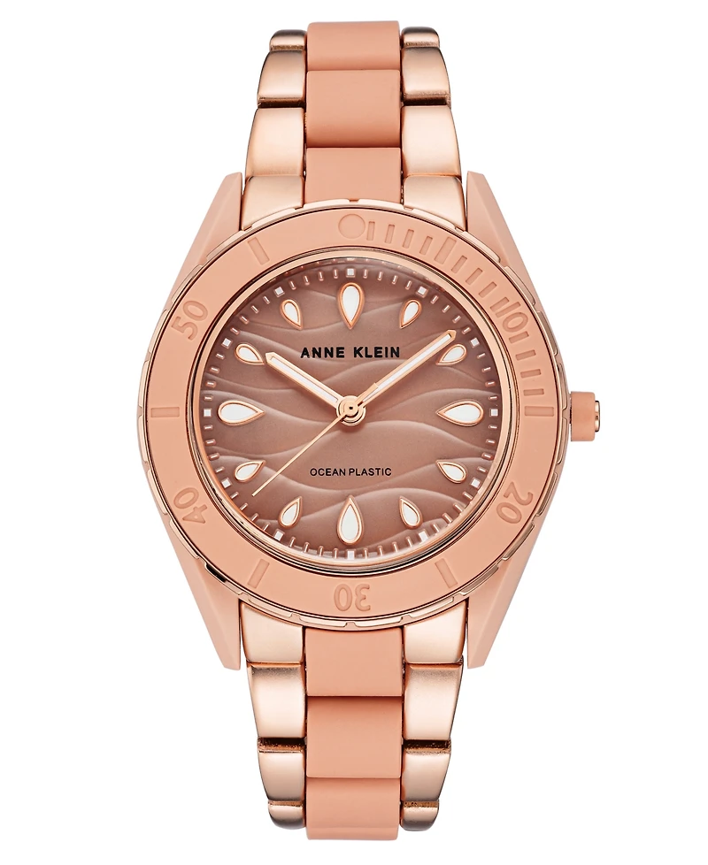 Anne Klein Women's Rose Gold-Tone and Light Pink Solar Ocean Work Plastic Bracelet Watch, 38.5mm