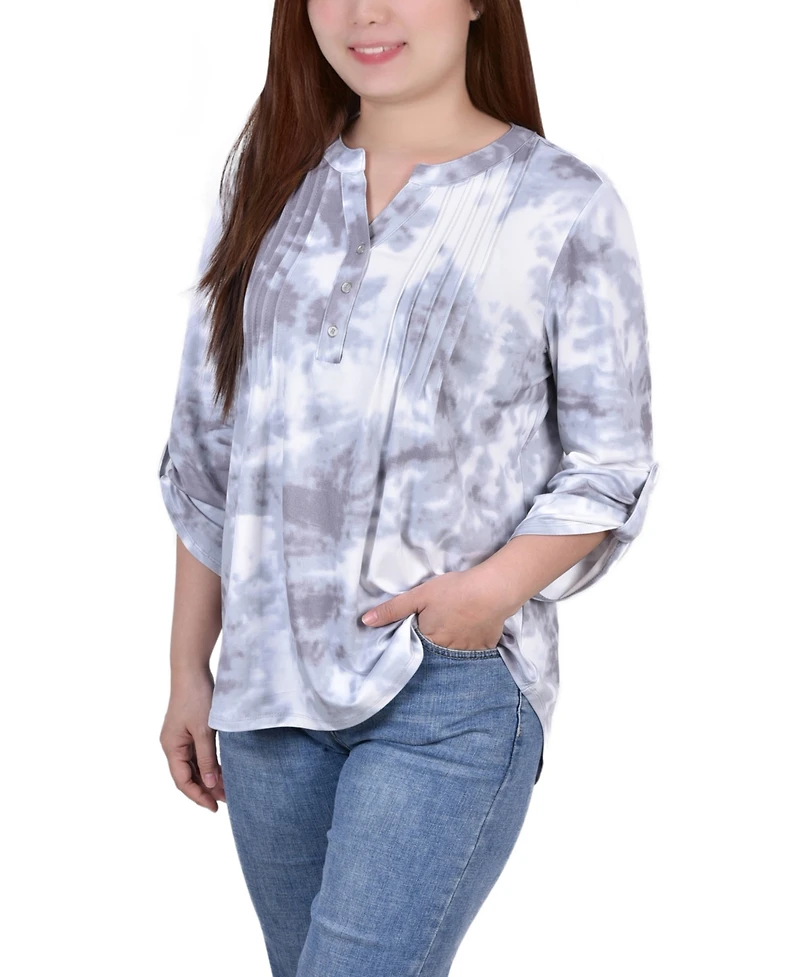 Ny Collection Women's Knit Jacquard 3/4 Sleeve Roll Tab Top