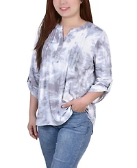 Ny Collection Women's Knit Jacquard 3/4 Sleeve Roll Tab Top