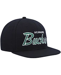 Men's Mitchell & Ness Black Milwaukee Bucks Hardwood Classics Script 2.0 Snapback Hat