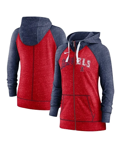 Women's Nike Heathered Red and Heathered Navy Los Angeles Angels Split Wordmark Gym Vintage-Like Raglan Slub Full-Zip Hoodie