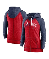 Women's Nike Heathered Red and Heathered Navy Los Angeles Angels Split Wordmark Gym Vintage-Like Raglan Slub Full-Zip Hoodie