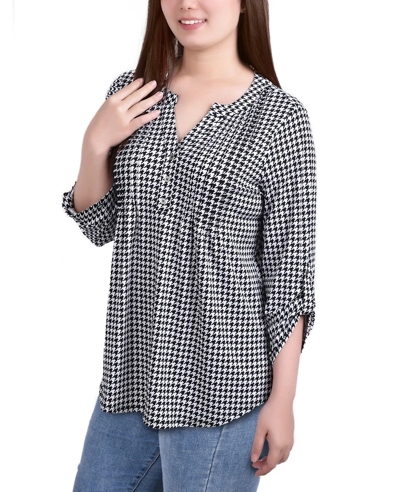 Ny Collection Petite Knit Jacquard 3/4 Sleeve Roll Tab Pintuck Top