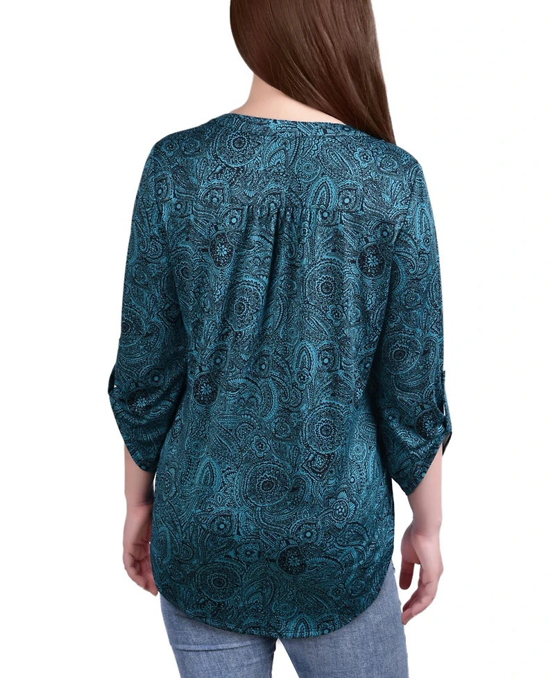Ny Collection Petite Knit Jacquard 3/4 Sleeve Roll Tab Pintuck Top