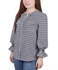 Petite Long Sleeve Y-Neck Blouse
