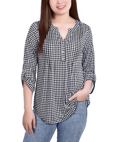 Ny Collection Petite Knit Jacquard 3/4 Sleeve Roll Tab Pintuck Top