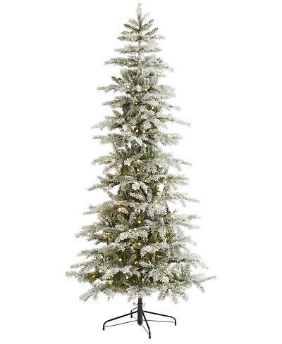 Slim Flocked Nova Scotia Spruce Artificial Christmas Tree with Lights and Bendable Branches, 90"