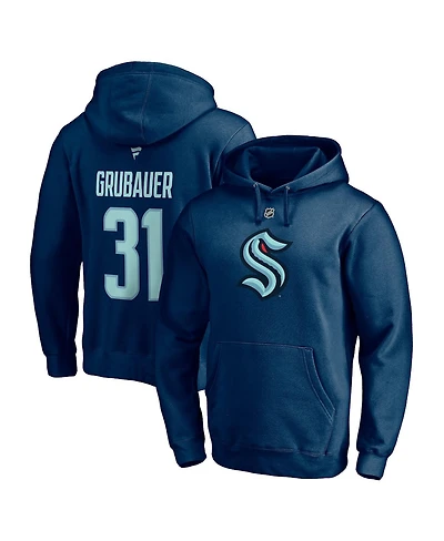 Men's Fanatics Philipp Grubauer Deep Sea Blue Seattle Kraken Authentic Stack Name and Number Pullover Hoodie