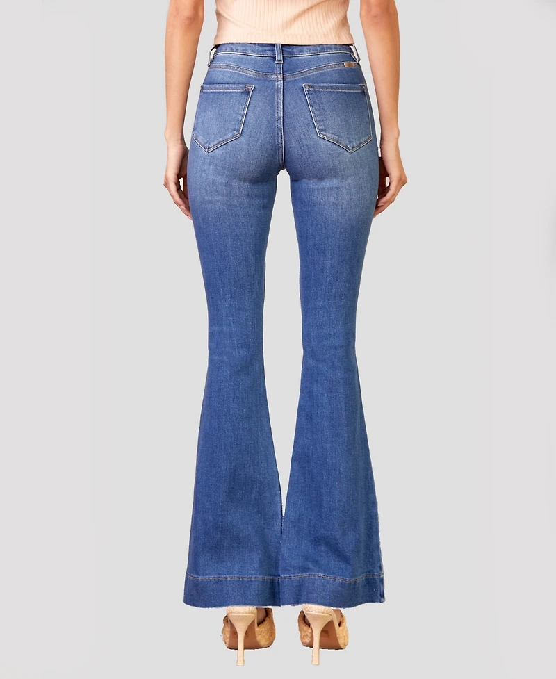 Kancan Women's High Rise Faded Stretch Flare Jeans