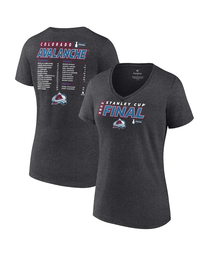 Women's Fanatics Heathered Charcoal Colorado Avalanche 2022 Stanley Cup Final Own Goal Roster V-Neck T-shirt