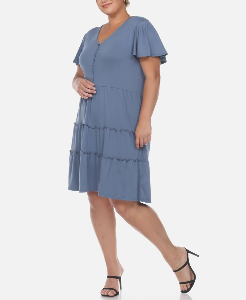White Mark Plus Short Sleeve V-neck Tiered Midi Dress