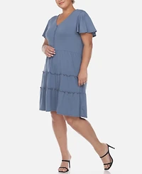 White Mark Plus Short Sleeve V-neck Tiered Midi Dress