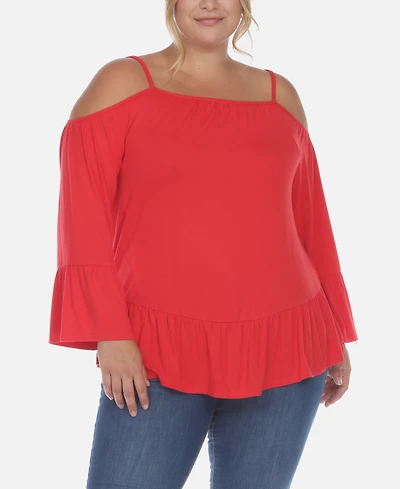 White Mark Plus Cold Shoulder Ruffle Sleeve Top