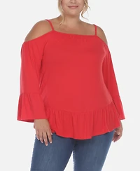 White Mark Plus Cold Shoulder Ruffle Sleeve Top