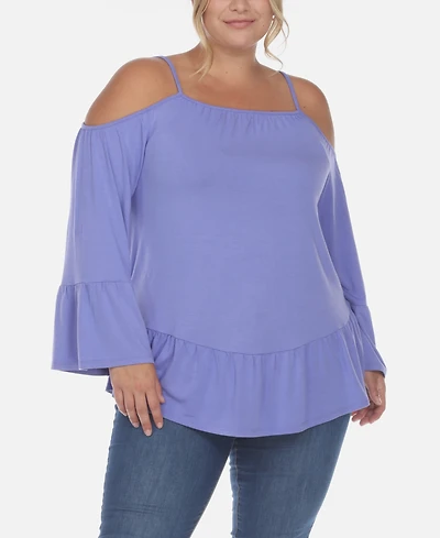 White Mark Plus Cold Shoulder Ruffle Sleeve Top
