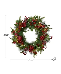 Glitzhome 24" Ornament Berry Holly Pine Wreath with Lights