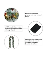Glitzhome 9' Pre-Lit Greenery Pine Cones and Berries Christmas Garland, with 50 Warm White Lights Set, 2 Piece