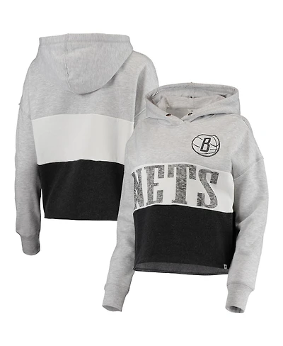 Women's '47 Heathered Gray, Black Brooklyn Nets Lizzy Cutoff Pullover Hoodie