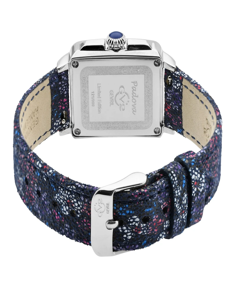 Gevril Women's Padova Gemstone Floral Swiss Quartz Italian Blue Leather Strap Watch 30mm