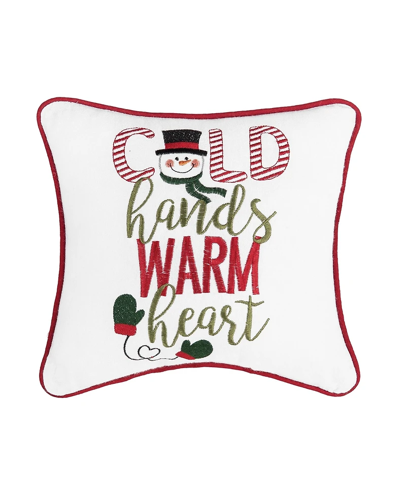 Snowman "Cold Hands Warm Heart" Embroidered Accent Pillow, 10" x 10"