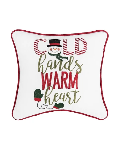 Snowman "Cold Hands Warm Heart" Embroidered Accent Pillow, 10" x 10"